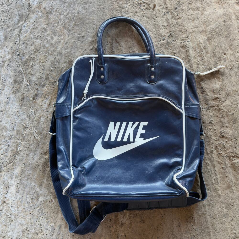 Vintage 1970s Nike Leather Faux Leather Blue Duffle Bag Travelite Logo Athletic